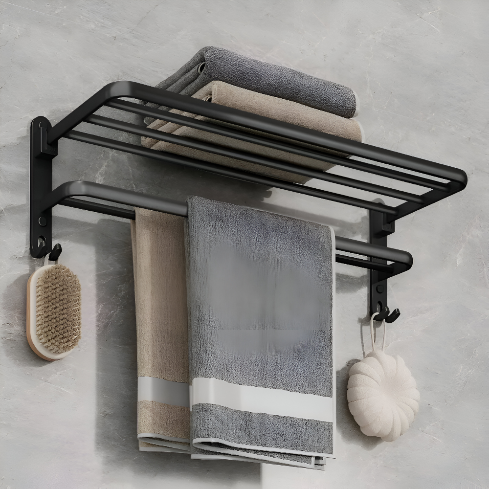Wieszak na ręczniki łazienkowy 50 cm – czarny aluminiowy reling z haczykami, montaż ścienny
