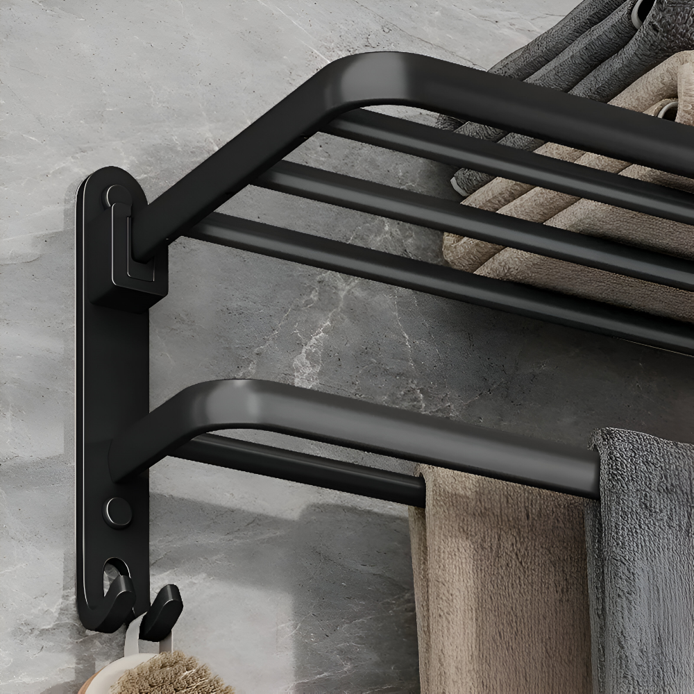 Wieszak na ręczniki łazienkowy 50 cm – czarny aluminiowy reling z haczykami, montaż ścienny