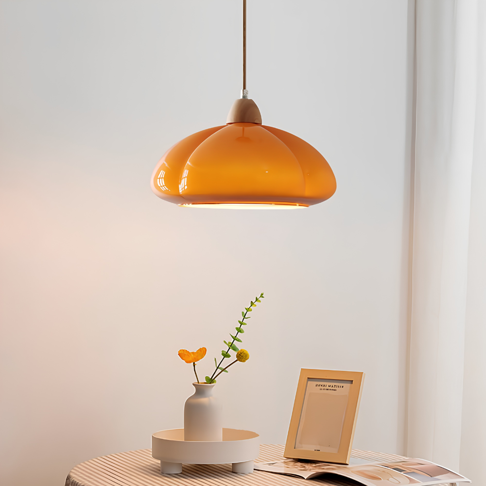 Szklana Lampa Wisząca Retro z Drewnianym Akcentem – 1-Punktowa Lampa Sufitowa do Kuchni, Jadalni i Salonu