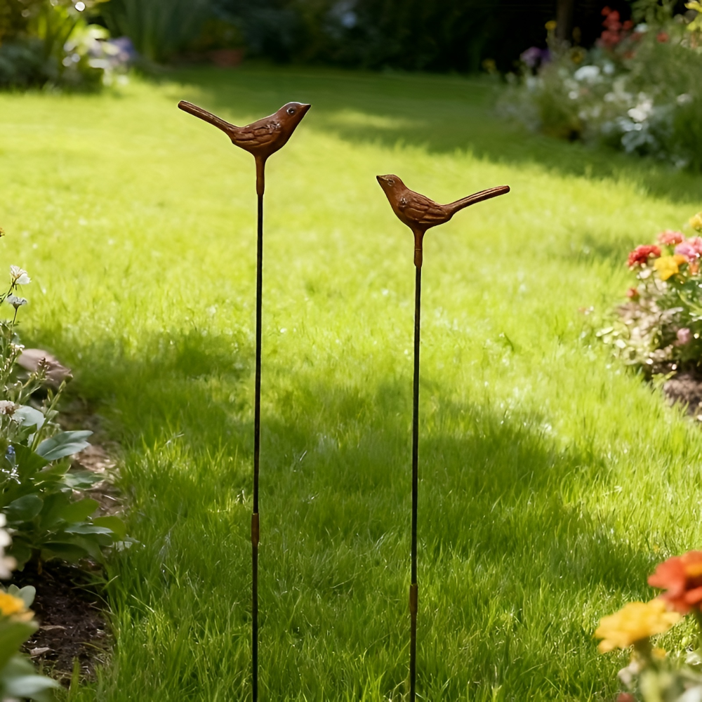 Vintage Cast Iron Garden Stake Set of 2 - Rusty 3D Bird Design for Outdoor Decor 0