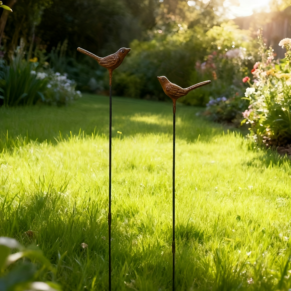 Vintage Cast Iron Garden Stake Set of 2 - Rusty 3D Bird Design for Outdoor Decor 1