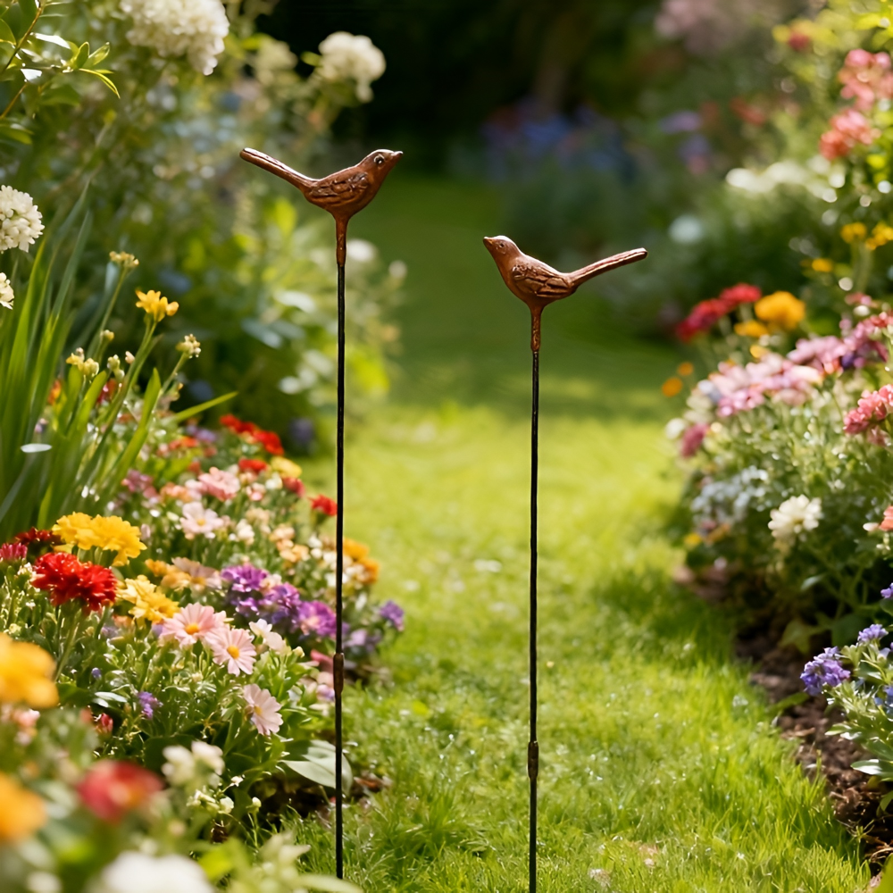 Vintage Cast Iron Garden Stake Set of 2 - Rusty 3D Bird Design for Outdoor Decor 7