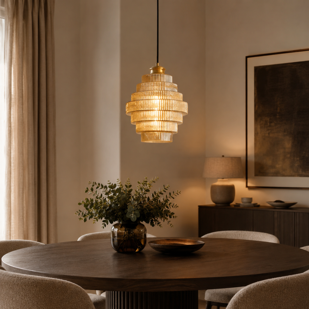 Warstwowa Lampa Wisząca Vintage – Prążkowany Klosz z Efektem Szkła do Jadalni, Salonu i Sypialni