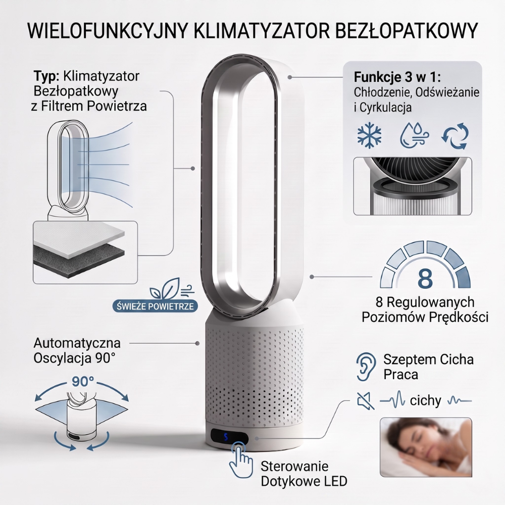 Wentylator Bezłopatkowy 3w1 LED Klimator – Wentylator Kolumnowy z Oscylacją do Sypialni i Salonu