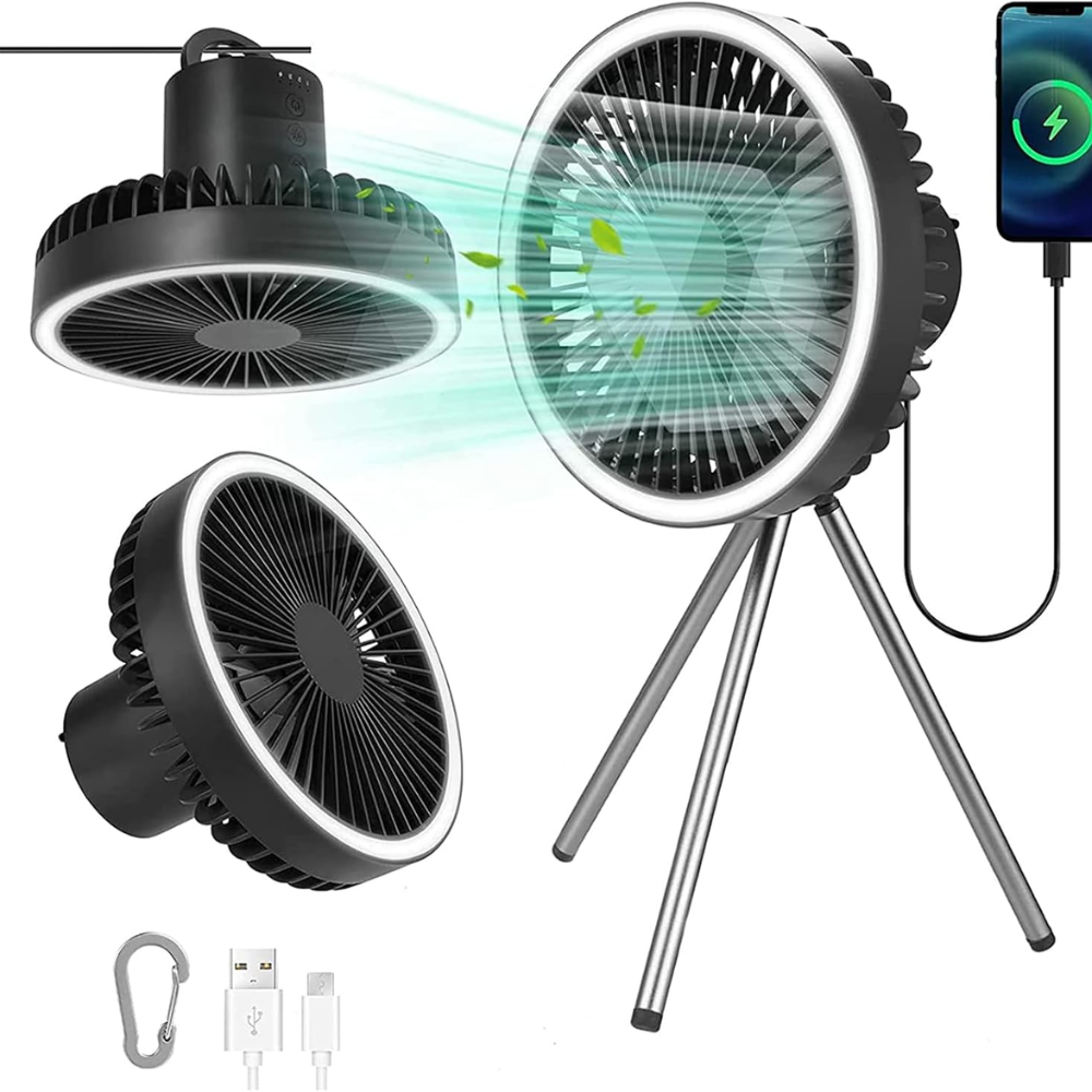 Wentylator kempingowy z oświetleniem LED, baterią USB, power bankiem, wiszący lub ze statywem do namiotu, do użytku na zewnątrz 0