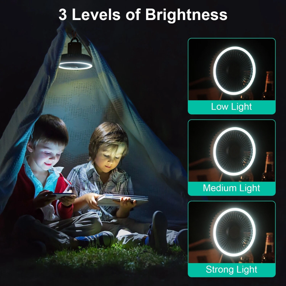 Wentylator kempingowy z oświetleniem LED, baterią USB, power bankiem, wiszący lub ze statywem do namiotu, do użytku na zewnątrz 2