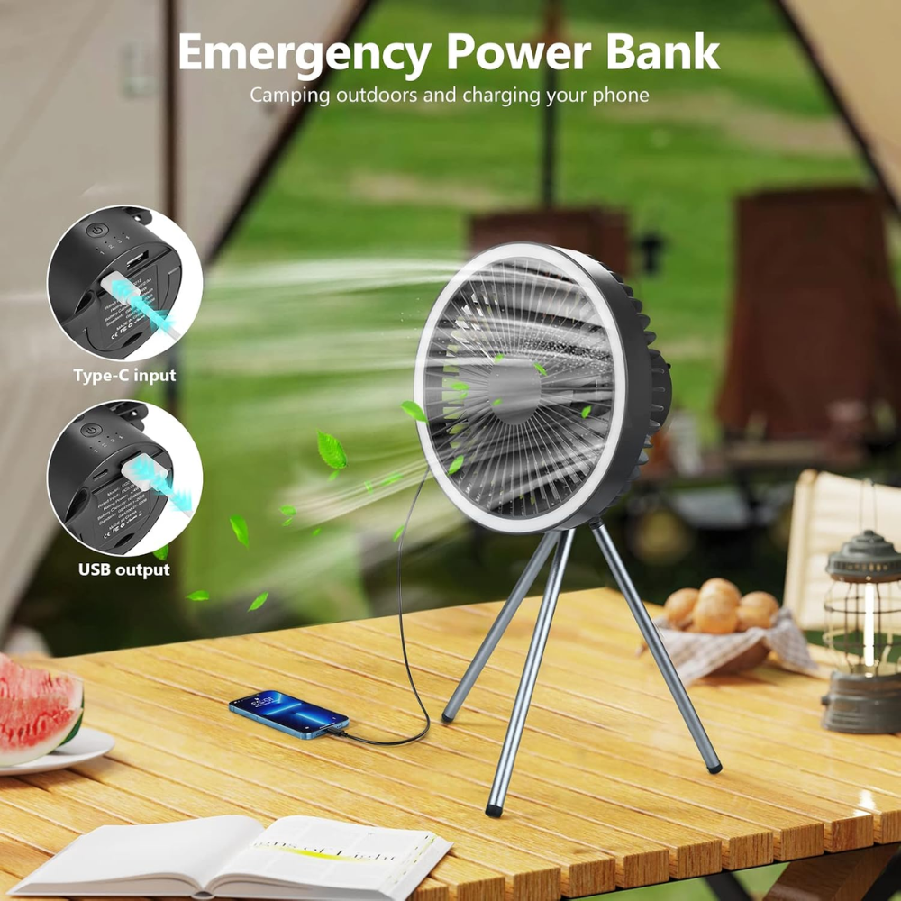 Wentylator kempingowy z oświetleniem LED, baterią USB, power bankiem, wiszący lub ze statywem do namiotu, do użytku na zewnątrz 3