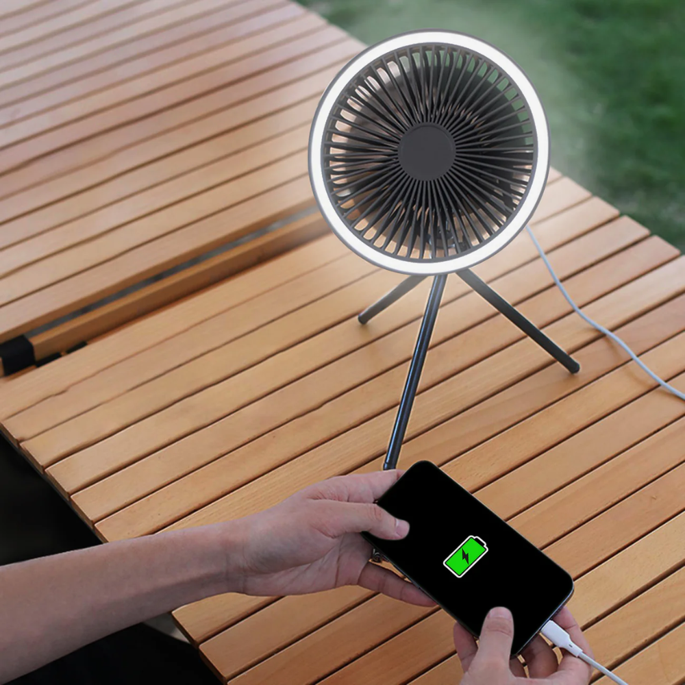 Wentylator kempingowy z oświetleniem LED, baterią USB, power bankiem, wiszący lub ze statywem do namiotu, do użytku na zewnątrz 5