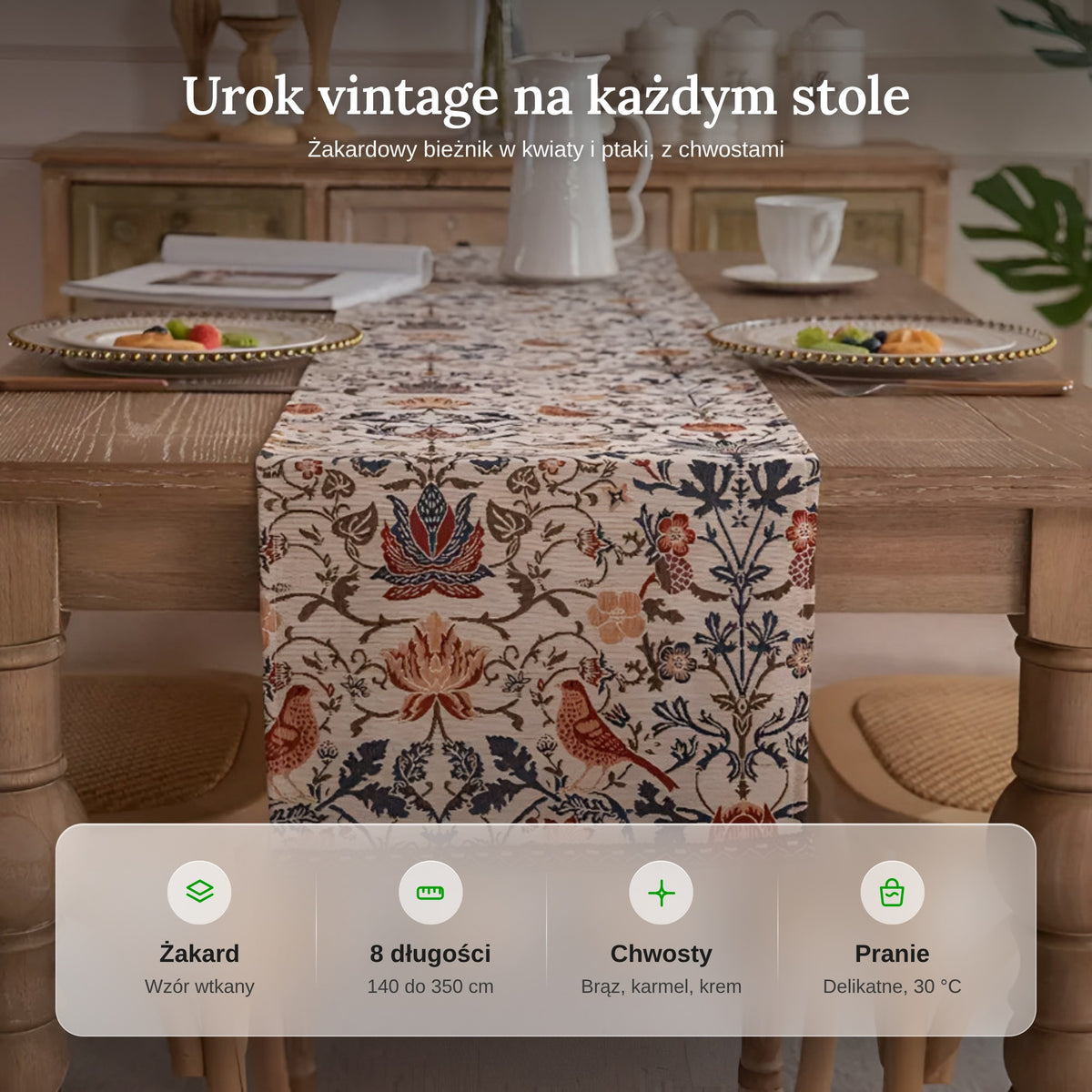 Zalety bieżnika vintage: żakard, 8 długości od 140 do 350 cm, chwosty, pranie w 30 °C
