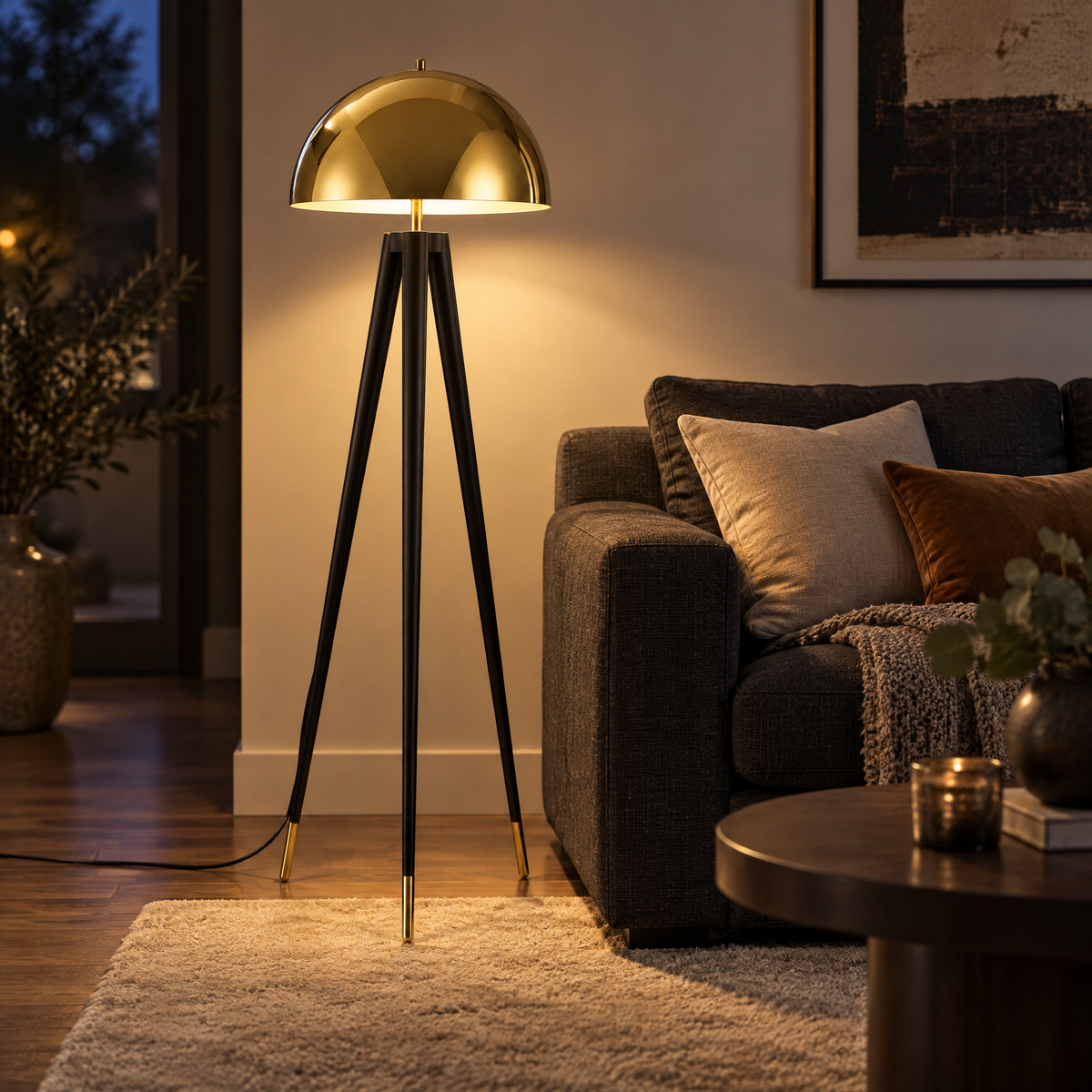 Lampa stojąca trójnóg ze złotym kloszem kopułowym obok ciemnej kanapy w wieczornym salonie