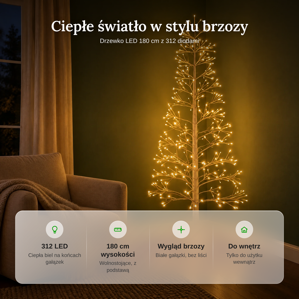 Zalety drzewka LED: 312 diod w ciepłej bieli, 180 cm wysokości, wygląd brzozy bez liści, tylko do wnętrz