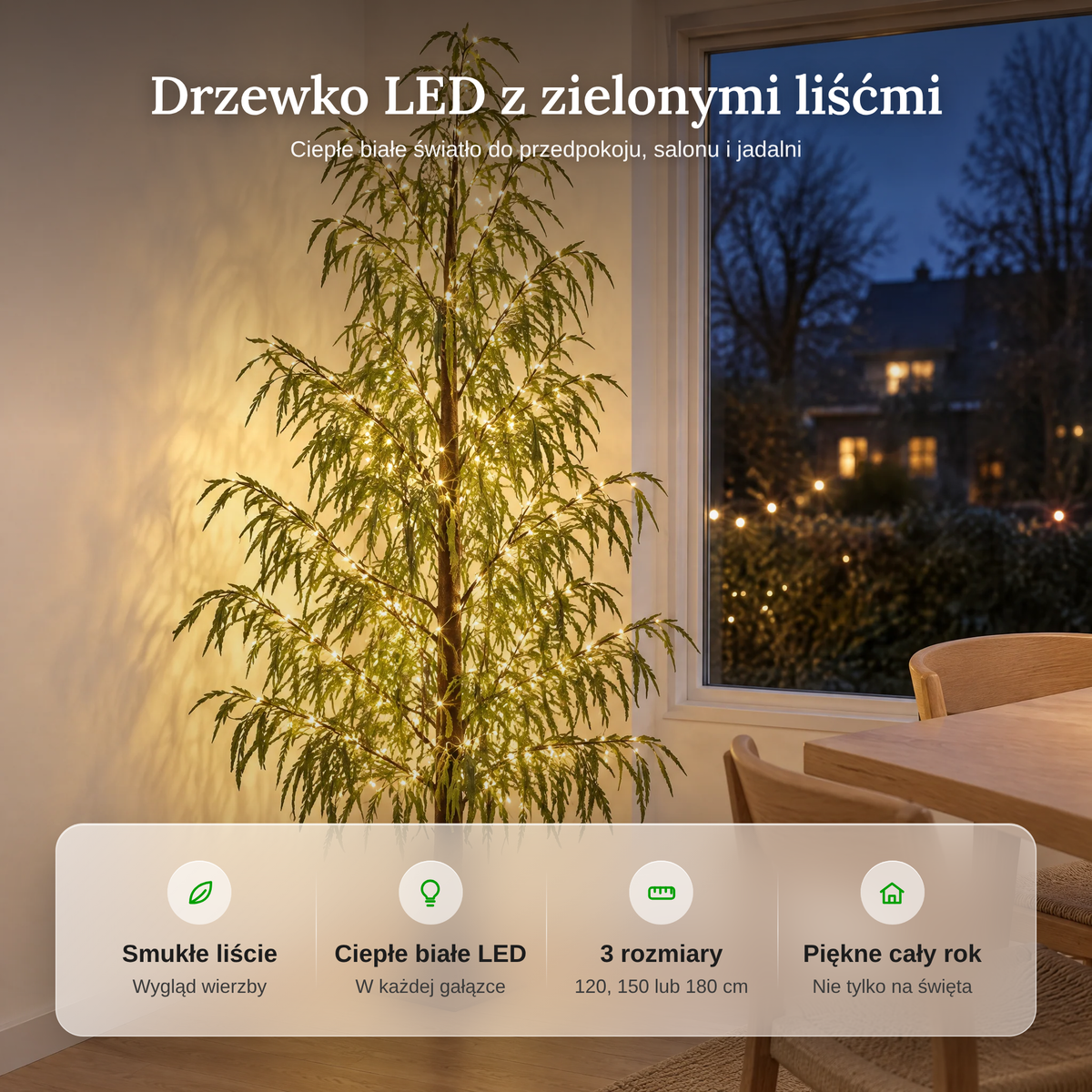 Zalety drzewka LED: smukłe liście w stylu wierzby, ciepłe białe LED, 3 rozmiary, piękne przez cały rok