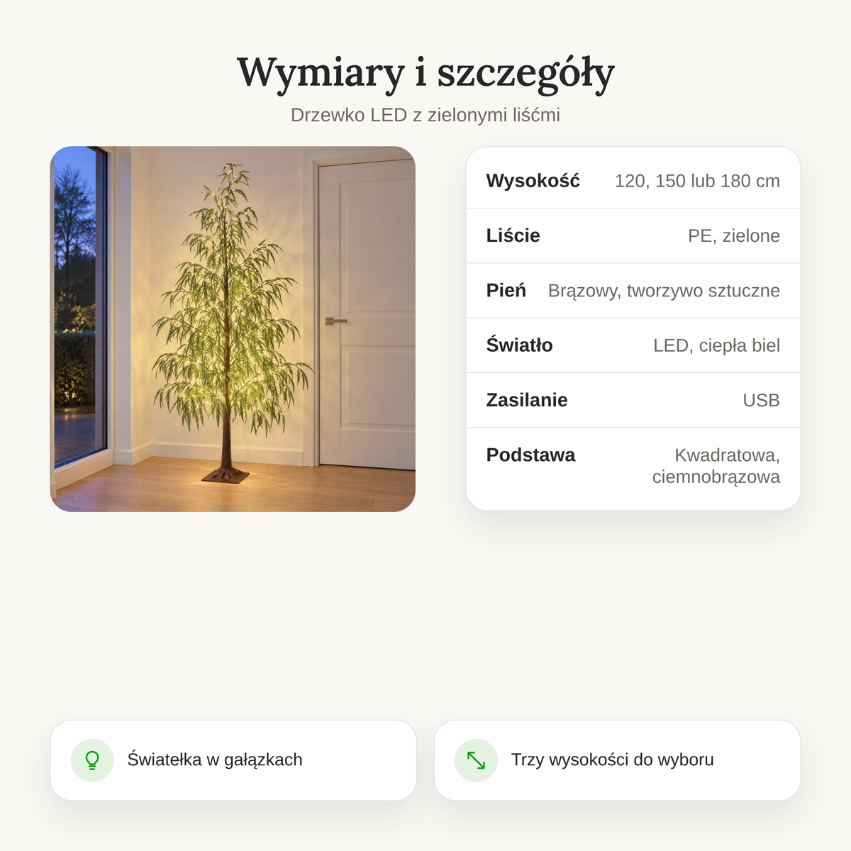 Wymiary i szczegóły drzewka LED: 120, 150 lub 180 cm, liście PE, ciepłe białe LED, zasilanie USB