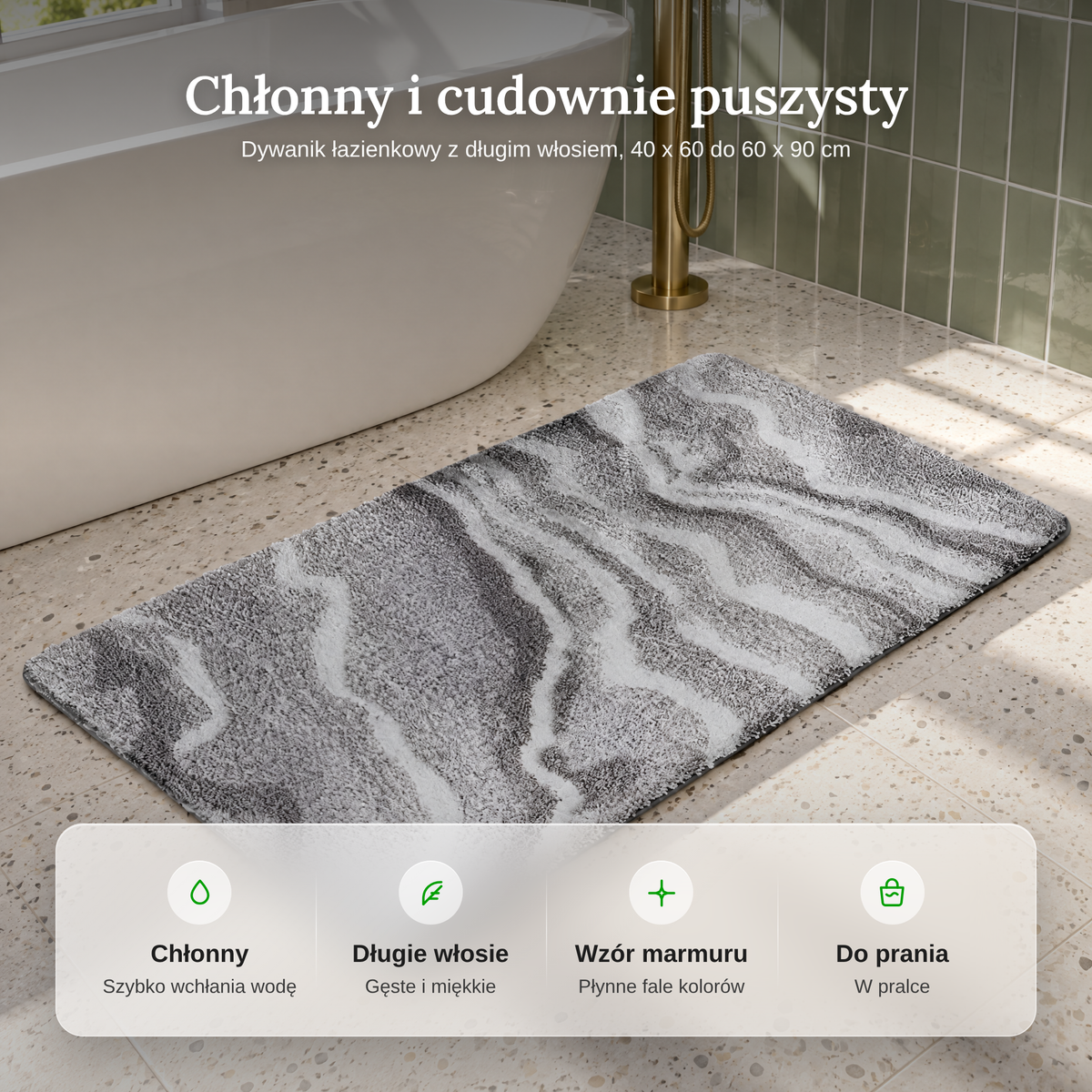 Zalety dywanika łazienkowego: chłonny, długie włosie, wzór marmuru, do prania