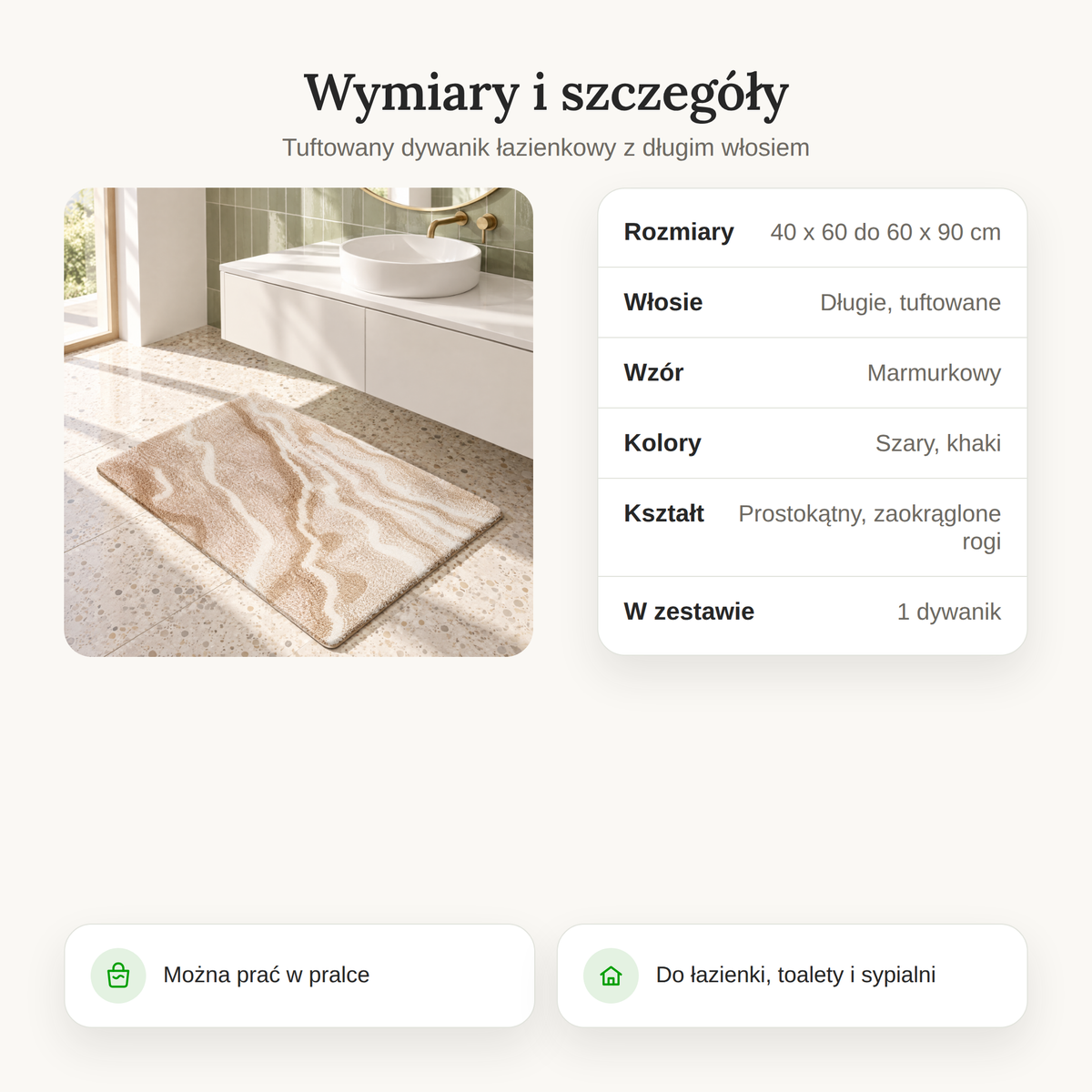 Wymiary i szczegóły dywanika z długim włosiem: 40 x 60 do 60 x 90 cm