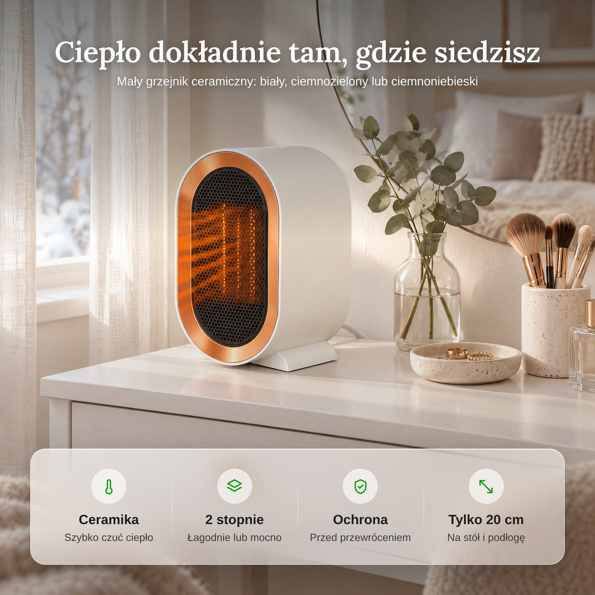 Zalety małego grzejnika ceramicznego: grzanie ceramiczne, 2 stopnie, ochrona przed przewróceniem, tylko 20 cm