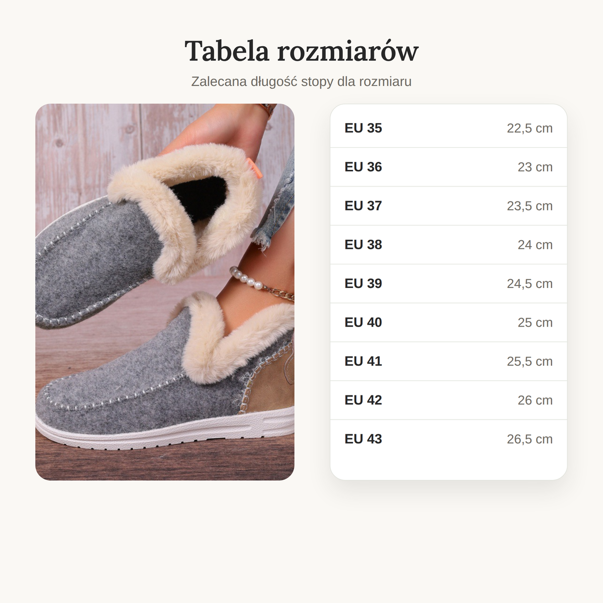 Tabela rozmiarów kapci damskich: rozmiary od 35 do 43 z długością stopy od 22,5 do 26,5 cm