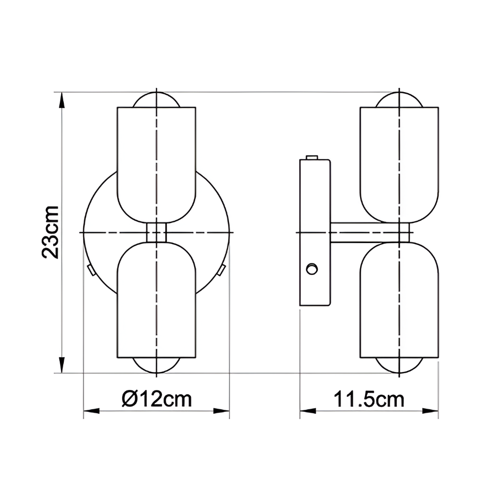 Rysunek techniczny kinkietu – wysokość 23 cm, średnica 12 cm, głębokość 11,5 cm