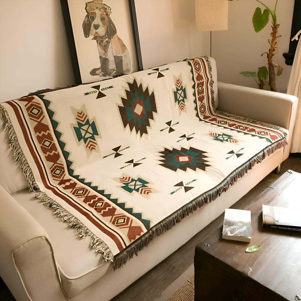 Koc boho w geometryczny wzór rozłożony na beżowej kanapie w salonie