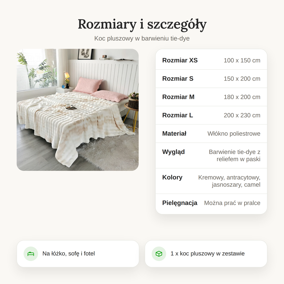 Tabela rozmiarów koca pluszowego tie-dye z wymiarami i materiałem