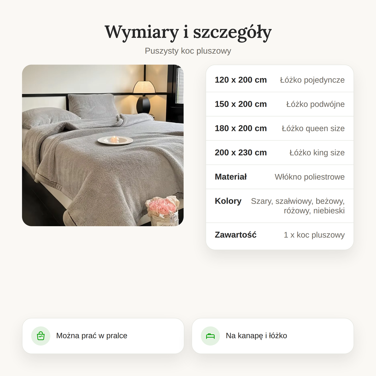 Tabela wymiarów koca pluszowego od 120x200 do 200x230 cm z materiałem i kolorami