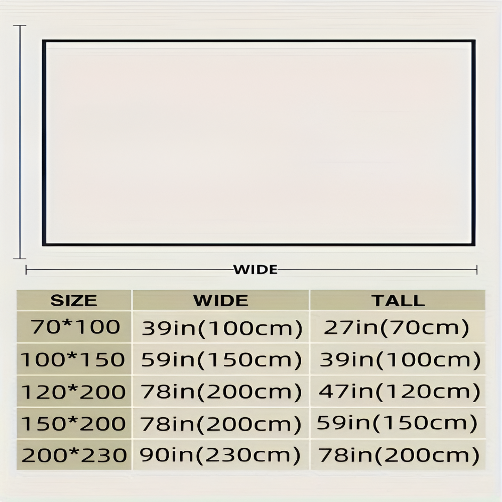 Tabela rozmiarów koca w calach i centymetrach, od 70x100 do 200x230 cm