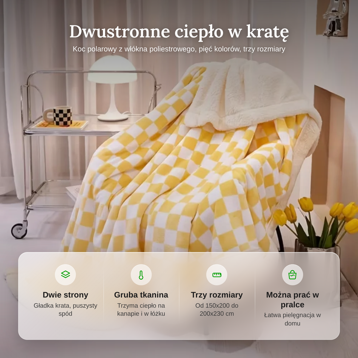 Zalety koca polarowego: dwustronny, gruba tkanina, trzy rozmiary i pranie w pralce