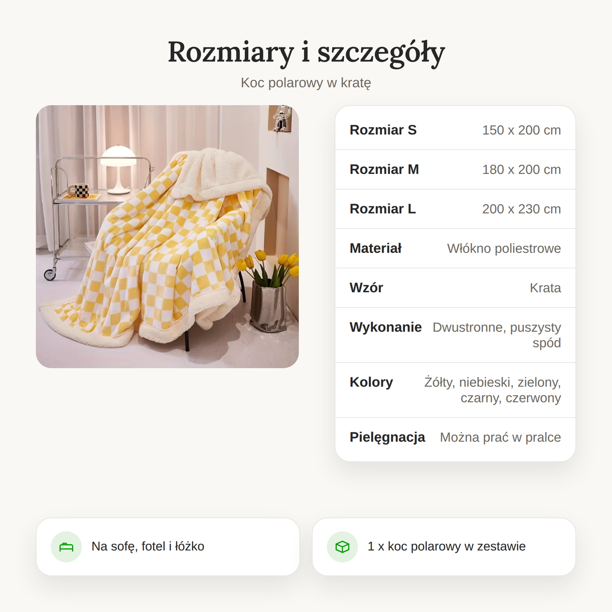 Tabela rozmiarów koca polarowego w kratę z wymiarami i materiałem