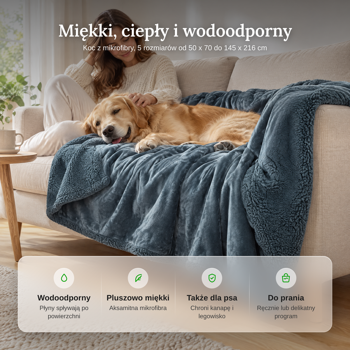 Zalety wodoodpornego koca: wodoodporny, pluszowo miękki, także dla psa, do prania