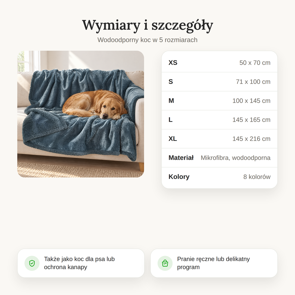 Wymiary koca: od XS 50 x 70 cm do XL 145 x 216 cm