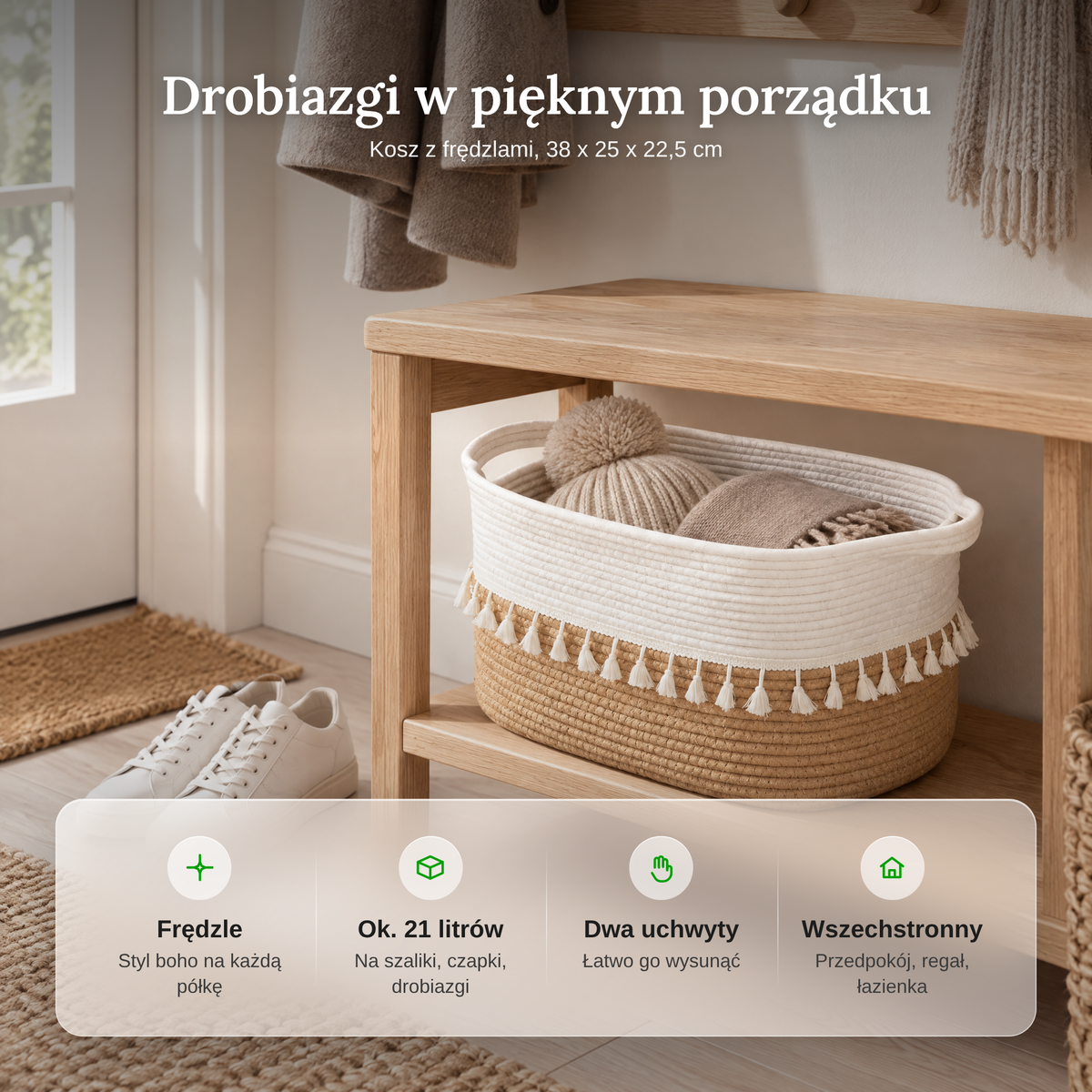 Zalety kosza do przechowywania: frędzle, ok. 21 litrów, dwa otwory na dłonie, wszechstronny