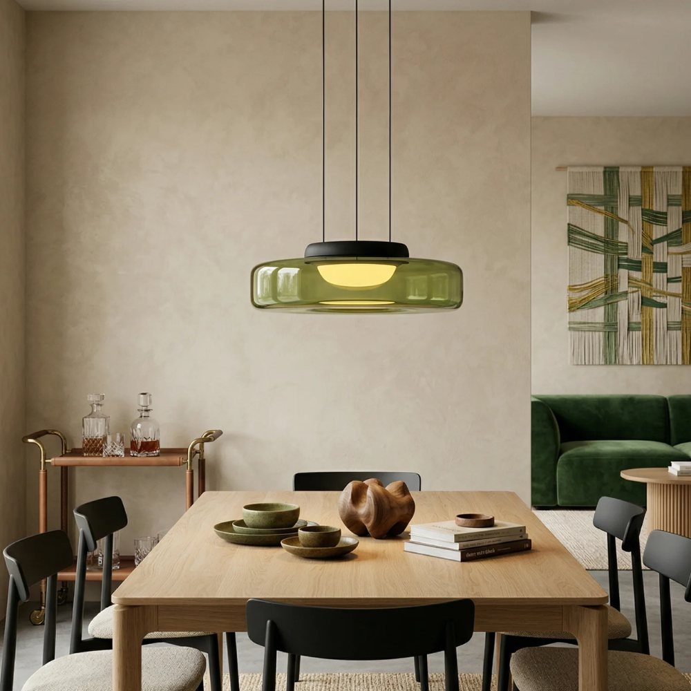 Lampa wisząca szklana nad stołem jadalnianym