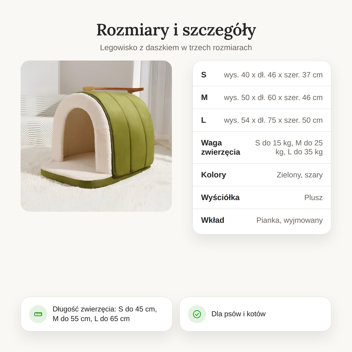 Tabela rozmiarów legowiska z daszkiem: S, M i L z wymiarami i wagą zwierzęcia