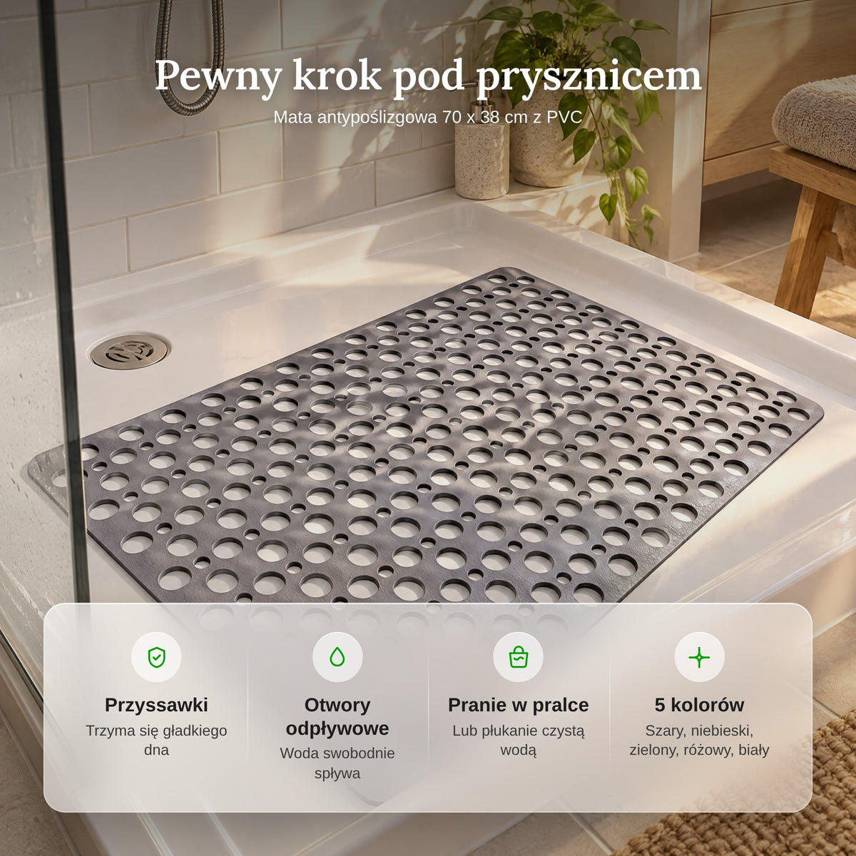 Zalety maty antypoślizgowej pod prysznic: przyssawki, otwory odpływowe, pranie w pralce, 5 kolorów