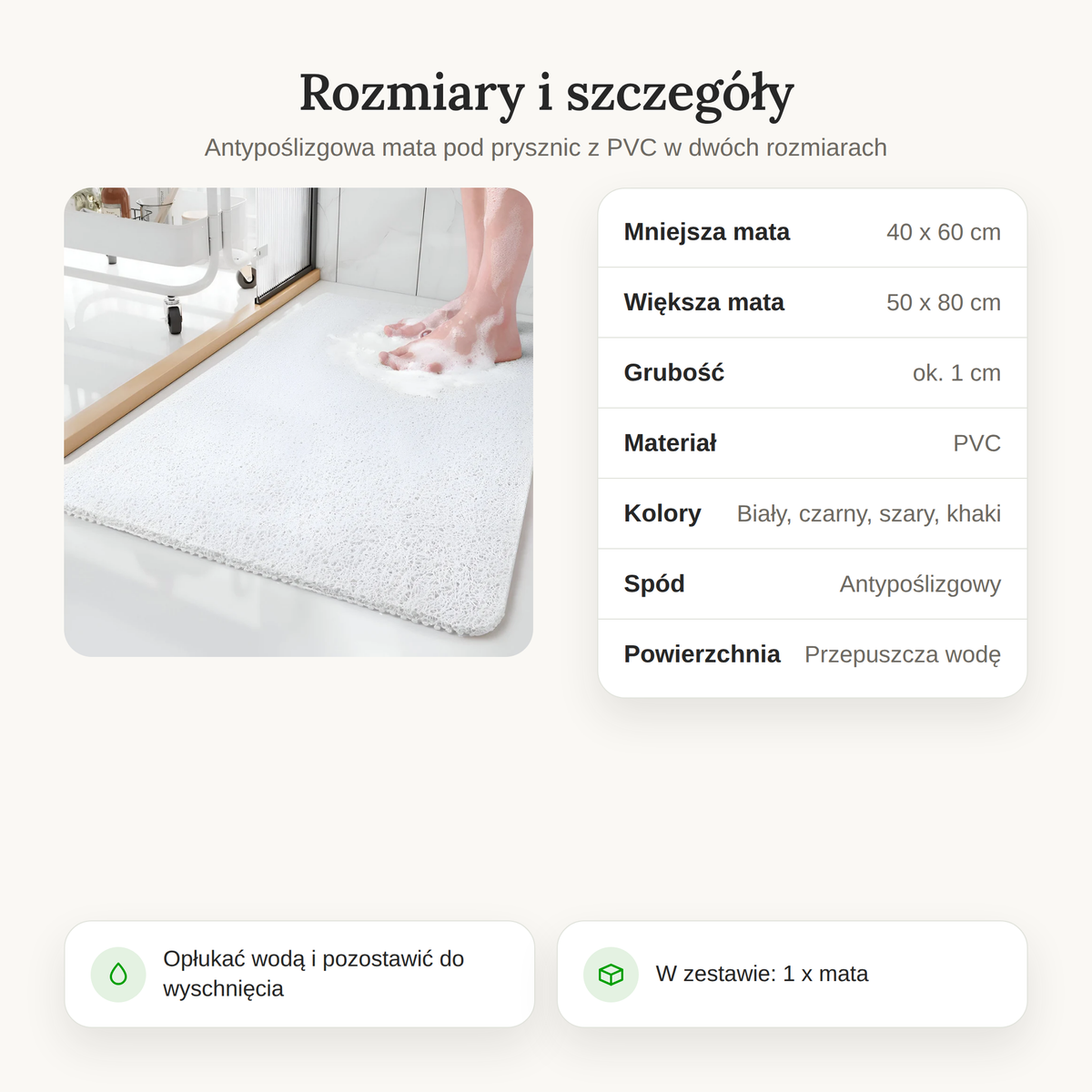 Rozmiary maty antypoślizgowej pod prysznic: 40 x 60 cm i 50 x 80 cm