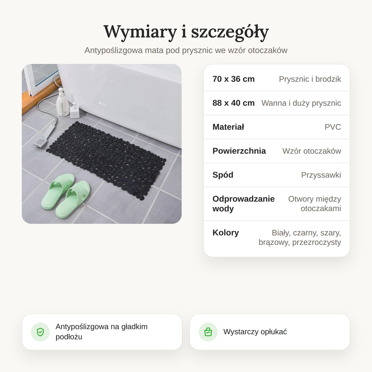 Tabela wymiarów maty pod prysznic 70 x 36 i 88 x 40 cm z materiałem PVC i przyssawkami