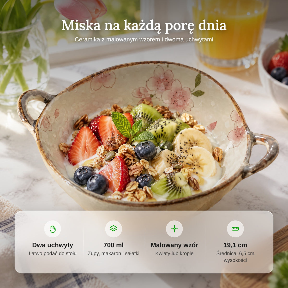 Zalety miski do zupy: dwa uchwyty, 700 ml, malowany wzór, 19,1 cm
