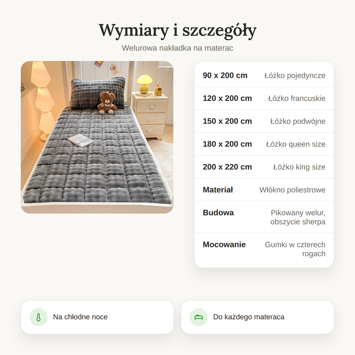 Tabela wymiarów welurowej nakładki na materac od 90x200 do 200x220 cm z materiałem i budową