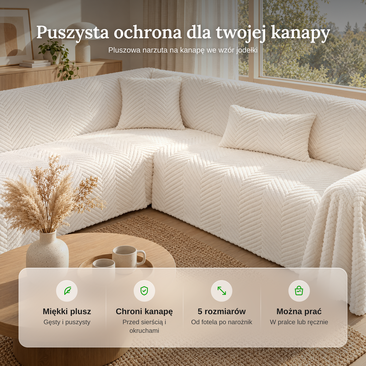 Zalety narzuty na kanapę: miękki plusz, chroni kanapę, 5 rozmiarów, można prać