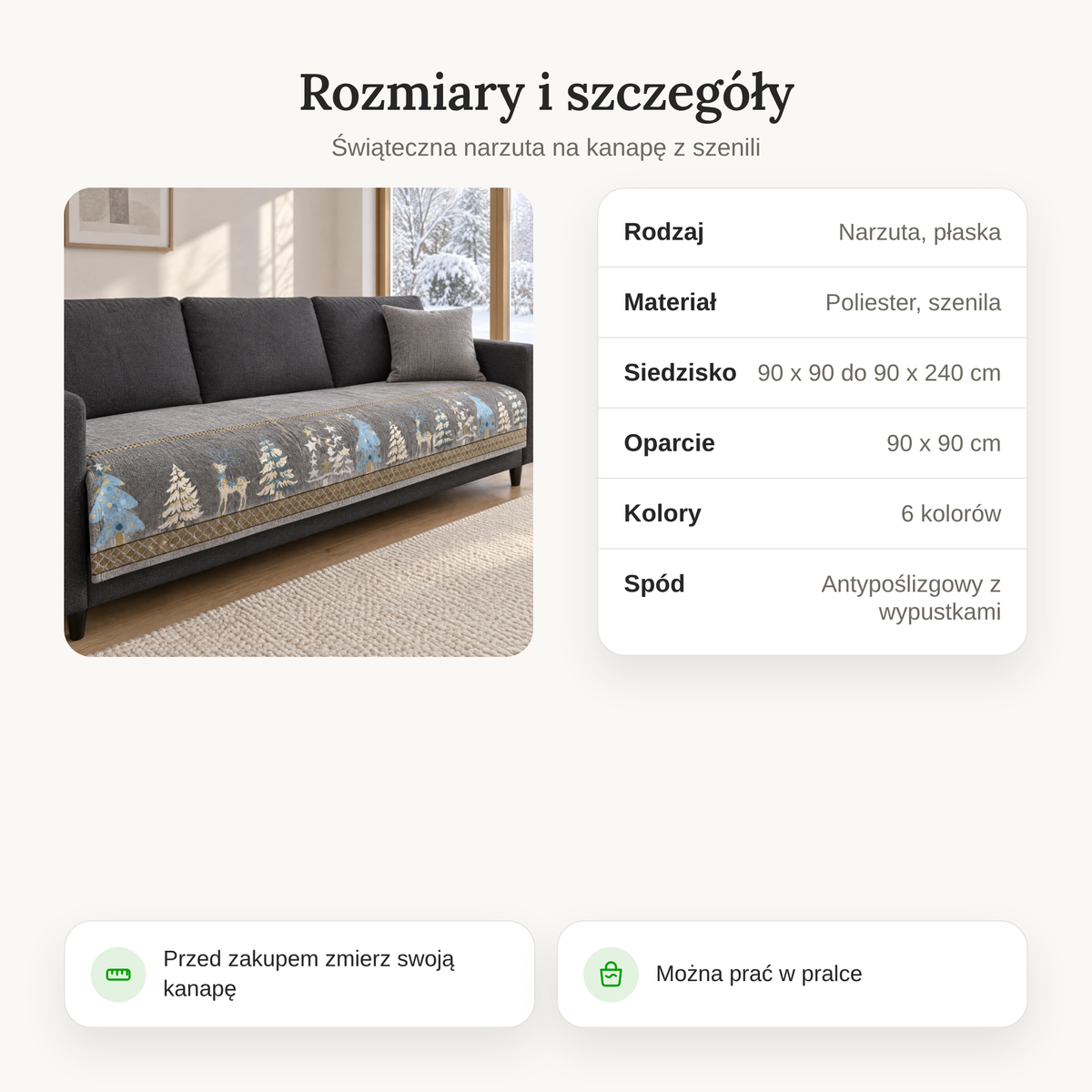 Rozmiary świątecznej narzuty na kanapę: 90 x 90 do 90 x 240 cm, oparcie 90 x 90 cm, poliester i szenila