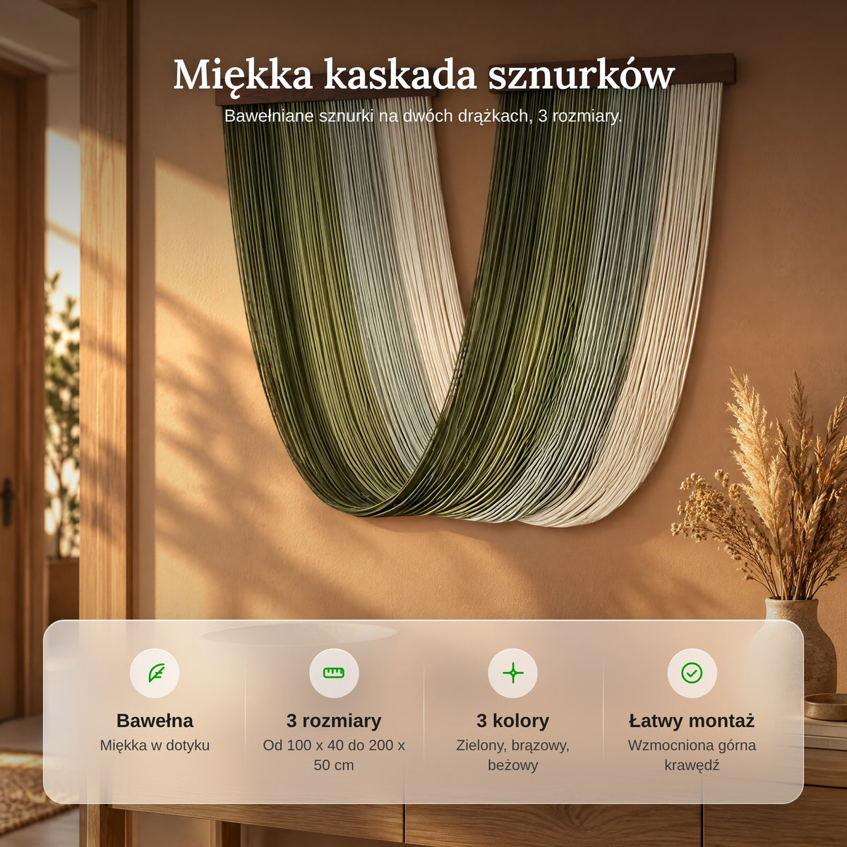 Zalety ozdoby na ścianę boho: bawełna, 3 rozmiary, 3 kolory