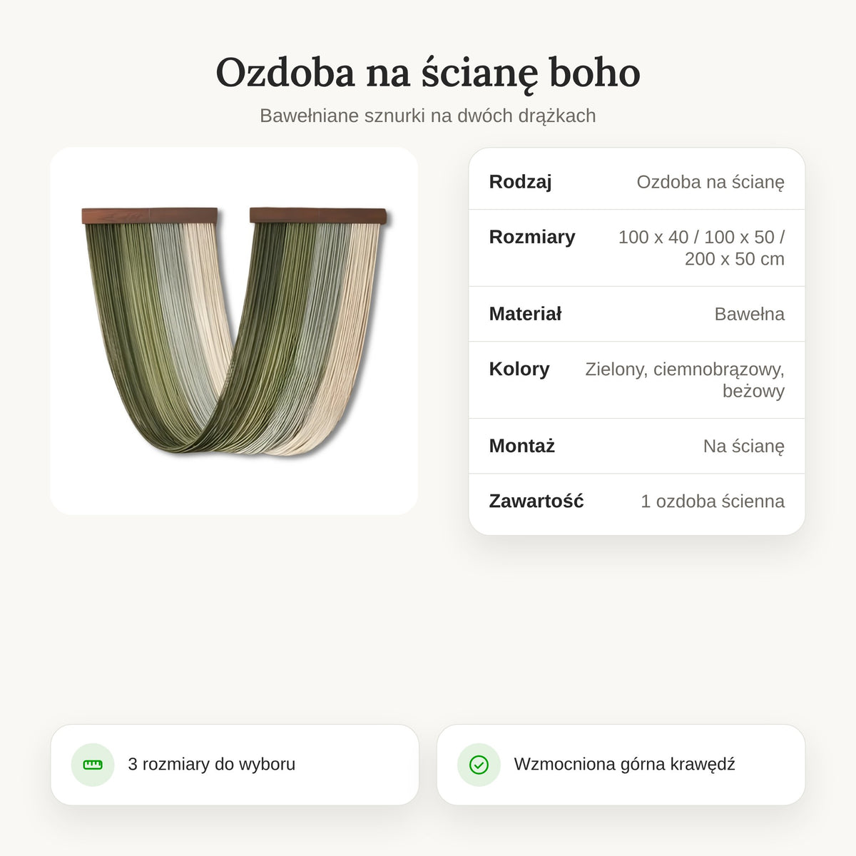 Specyfikacja ozdoby na ścianę boho z bawełny