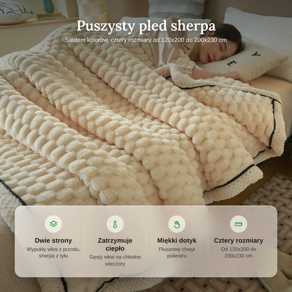 Cechy pledu sherpa: dwie strony, ciepło, miękki dotyk, cztery rozmiary