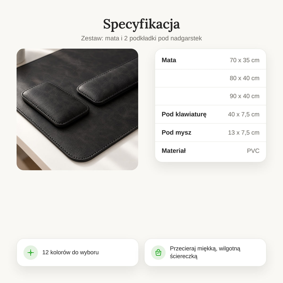 Specyfikacja: mata 70 x 35, 80 x 40 lub 90 x 40 cm, podkładki 40 x 7,5 i 13 x 7,5 cm, PVC