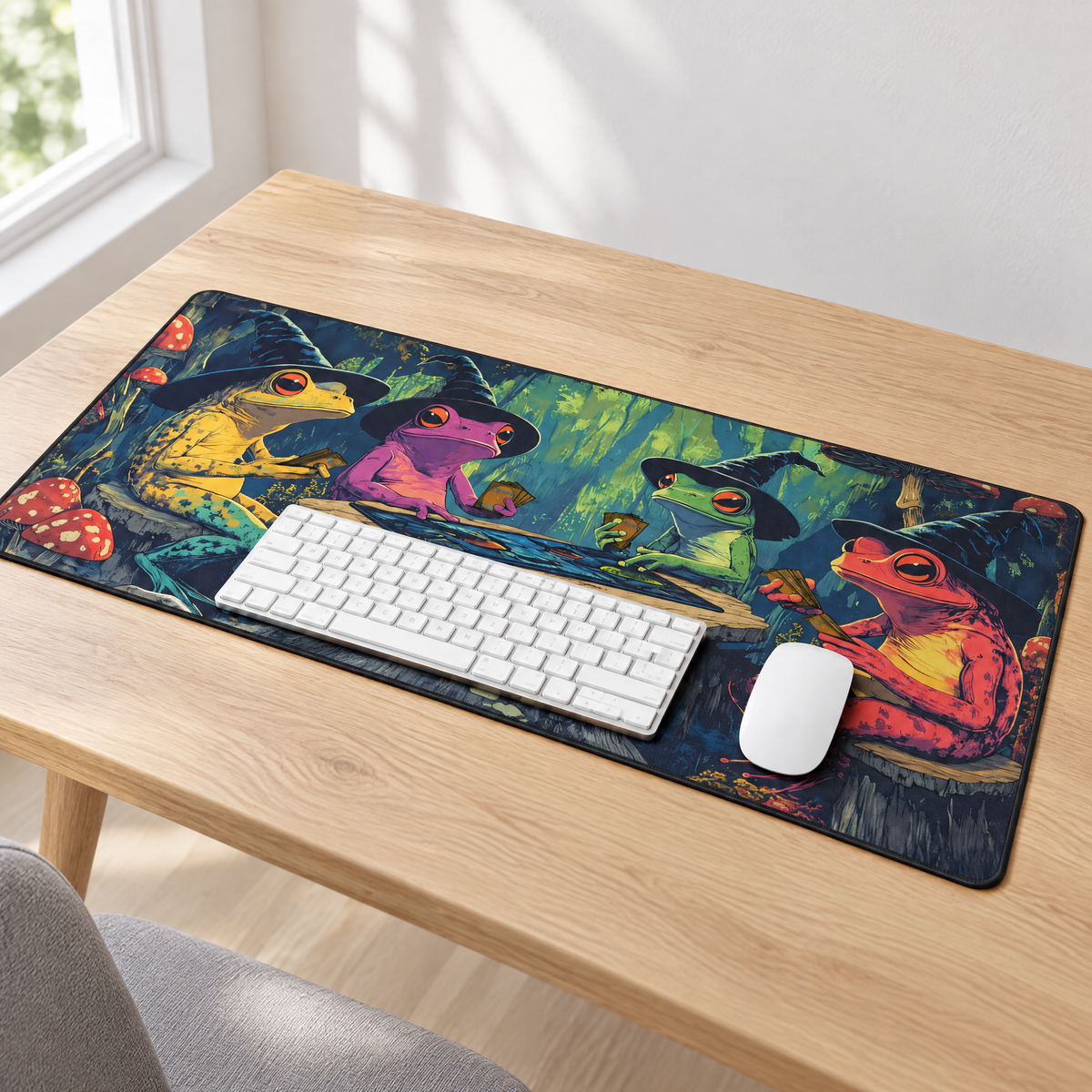 Duża podkładka pod mysz 30 x 60 cm z motywem żab czarodziejów na jasnym drewnianym biurku z klawiaturą i myszą