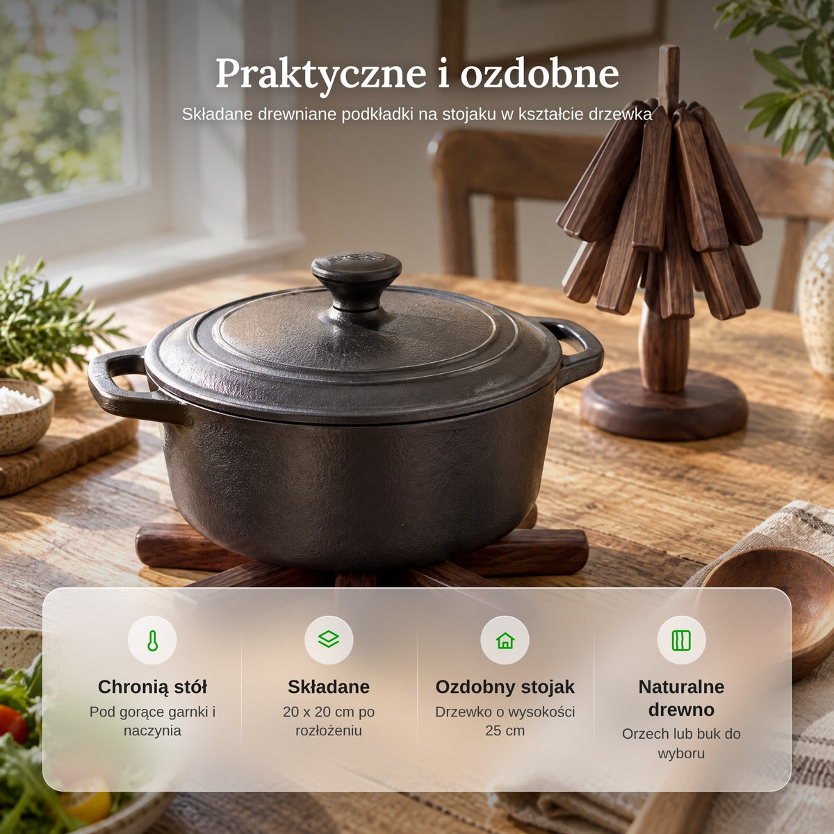 Zalety składanych podkładek pod garnki: chronią stół, 20 x 20 cm, ozdobny stojak