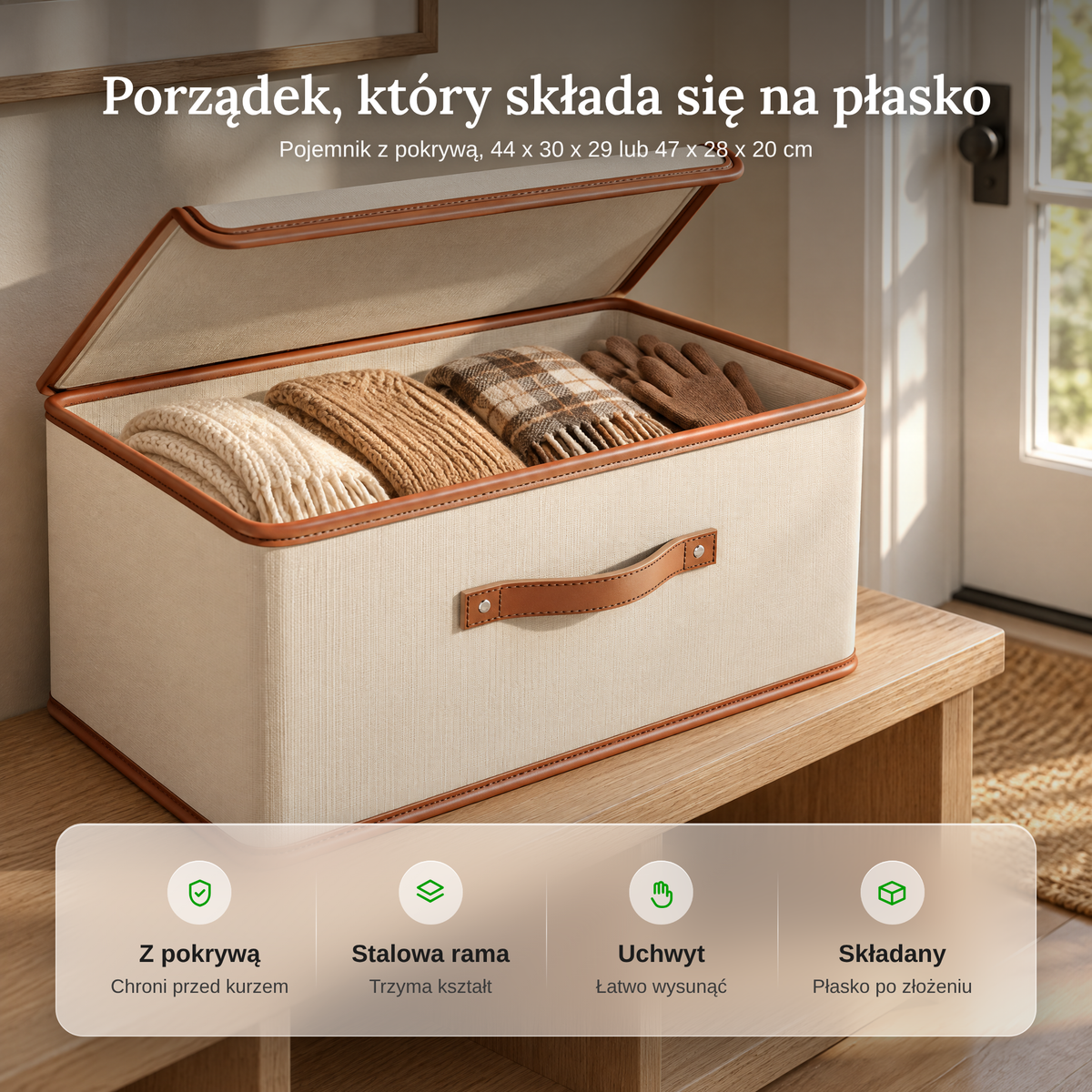 Zalety pojemnika: pokrywa, stalowa rama, uchwyt, składany