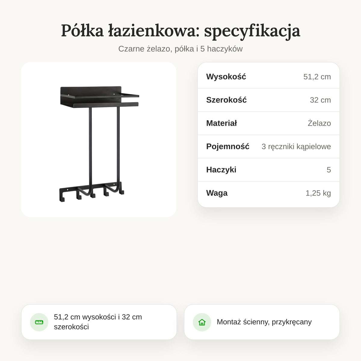 Specyfikacja czarnej półki łazienkowej 51 cm
