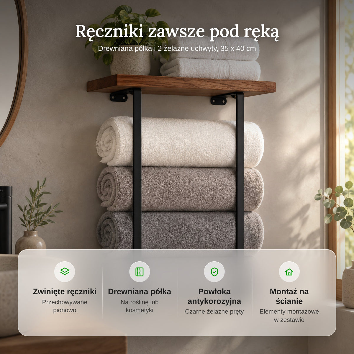 Zalety półki łazienkowej: zwinięte ręczniki, drewniana półka, powłoka antykorozyjna, montaż na ścianie
