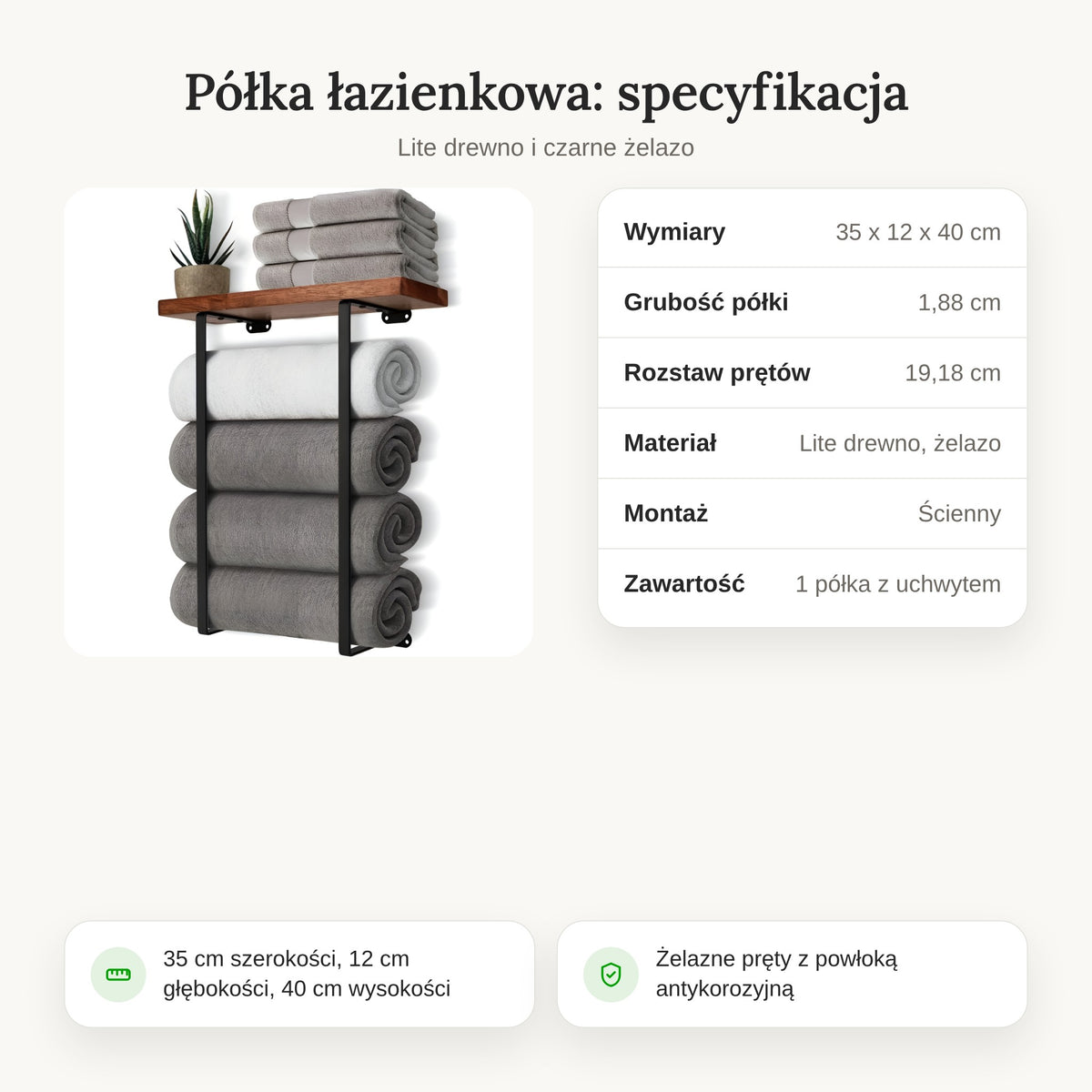 Specyfikacja półki łazienkowej 35 x 12 x 40 cm